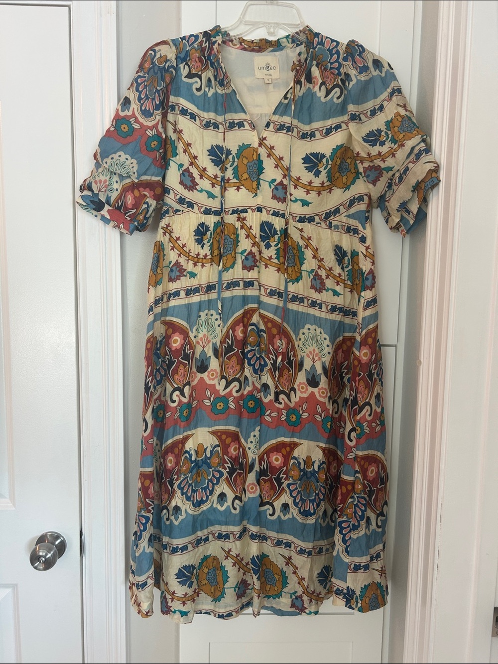 Umgee Floral Boho Midi Dress in Blue, Cream & Rust